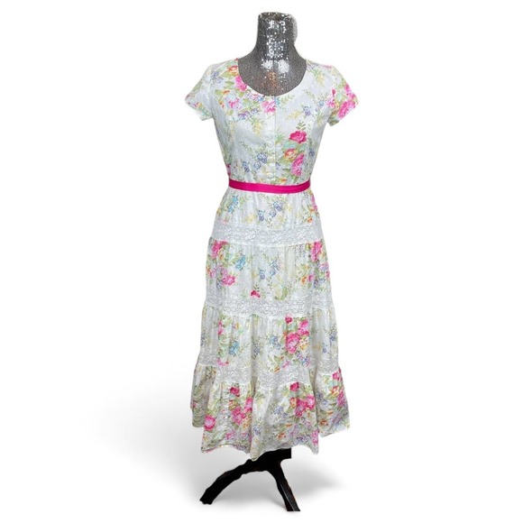Vintage 90s Cottagecore Prairie Cotton Lace Tiered Maxi Dress Small Floral Party - Picture 1 of 10